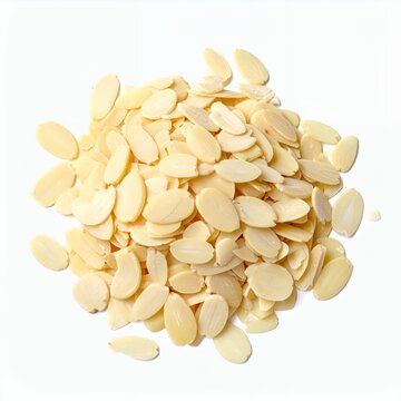 Pile of blanched almond slivers on a pristine white background, perfect ingredient