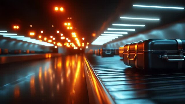 A Dramatic Perspective of a Modern Baggage Claim Area with Neon Lighting and Stylish Luggage, Capturing the Essence of Travel and Airport Experience in a Futuristic Setting
