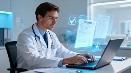 Doctor working on laptop with digital interface