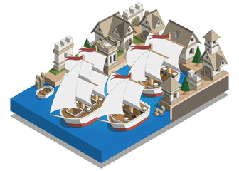 Medieval harbor. Isometric. Isolated on white background. Vector illustration.
