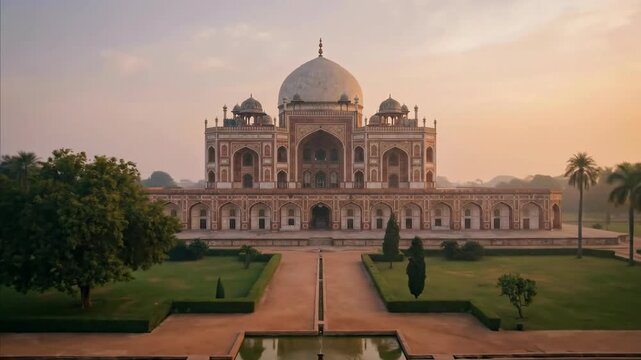 An exquisite example of symmetrical historical architecture stands majestically against a soft, pastel-hued sky during the tranquil golden hour. The grand domed structure, built from richly colored st