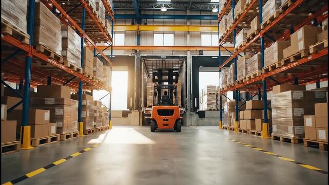A brightly lit warehouse interior features rows of stacked cardboard boxes with an orange forklift moving between them showcasing logistics and storage