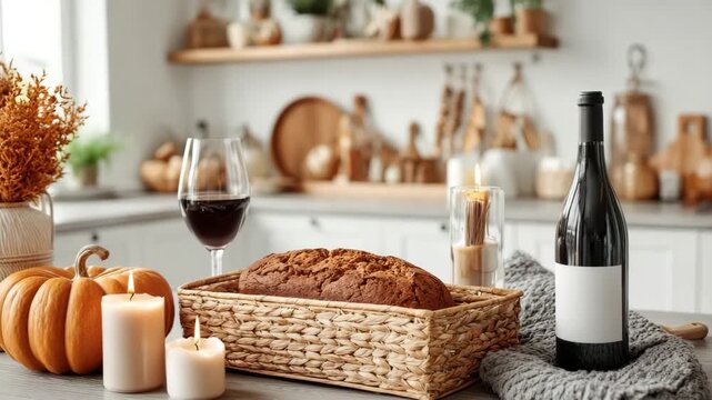 Autumn kitchen table with wine, bread, pumpkins, and candles in cozy decor. warm cozy atmosphere for Thanksgiving or fall