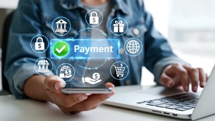 A person utilizes a laptop and smartphone displaying various digital payment icons and security features representing modern financial transactions and online shopping - Powered by Adobe