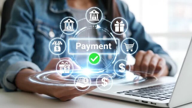 A woman utilizes a laptop interacting with a digital display showcasing various payment methods and secure transaction icons illustrating modern finance