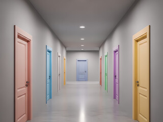 Colorful Doors Long Hallway Perspective Choice Concept