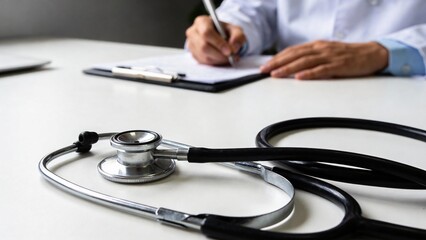 Doctor writing with stethoscope on table