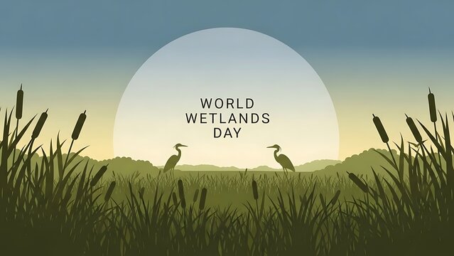 World Wetlands Day - Serene Landscape with Herons and Reeds at Sunset.