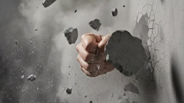 Fist breaking through wall impact concept