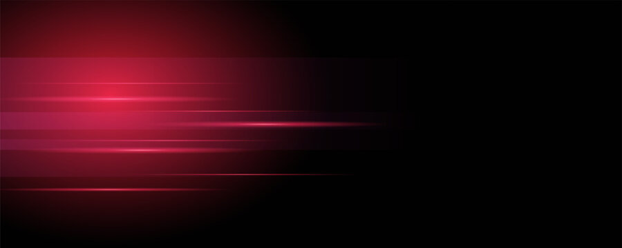 Red neon stripes or light flash. Laser beams, horizontal beams. Beautiful light reflections. Glowing stripes on a black background.
