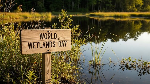 World Wetlands Day sign in a serene natural wetland environment.