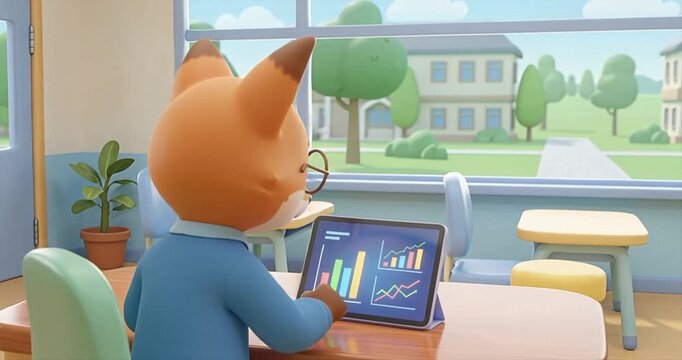 Animated fox character working with tablet in bright office environment