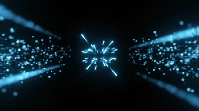 A starburst explodes with blue sparks and light trails in a dark space, viewed from a futuristic perspective.