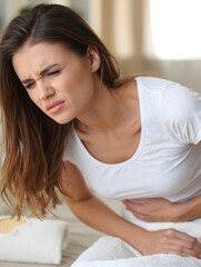Obraz premium Woman Experiencing Stomach Pain and Holding Her Abdomen