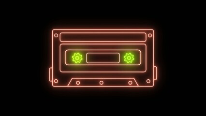 Orange neon outline of a cassette tape with green gears on a Generate title without using the word "Title:" before it. black background © My studio
