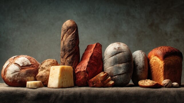 Assorted artisan bread and cheese selection displayed on a rustic surface - Powered by Adobe