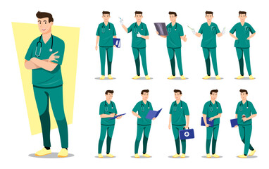 Fototapeta premium Professional male doctor character set in green scrubs suit. Flat vector illustration with various poses such as holding X-ray, syringe, clipboard, and medical kit. Ideal for healthcare design.