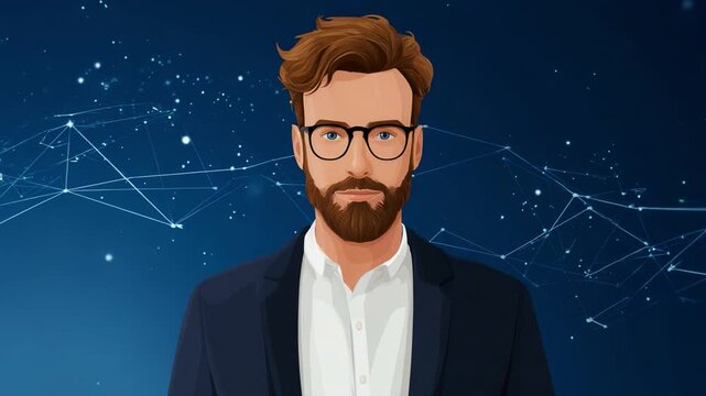 Stylized vector portrait of a confident young man with glasses and a beard, set against a futuristic abstract background featuring connected lines and stars.