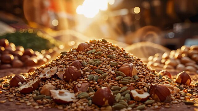 Pile of Various Spices and Nuts Shines in Golden Sunlight, Closeup View