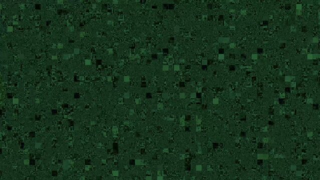 Pixelated dark green and Generate title without using the word "Title:" before it. black mosaic texture with small squares forming a noisy digital pattern title