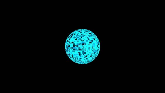 Pixelated glowing blue sphere composed of small squares on a Generate title without using the word "Title:" before it. black background globe ball