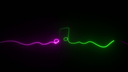 Purple and green neon glowing music note connected to a wavy line on a dark Generate title without using the word "Title:" before it. background © Honest_boy