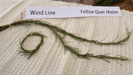 Natural Green Elements with Wind Line Signage Displayed on Textured Fabric Background in Indoor Setting