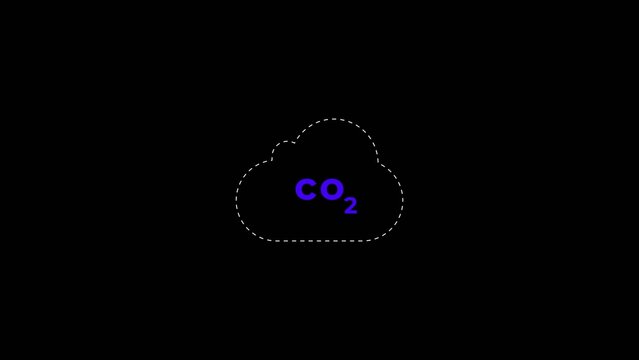Purple C O2 text inside a dashed cloud outline on a Generate title without using the word "Title:" before it. black background carbon dioxide