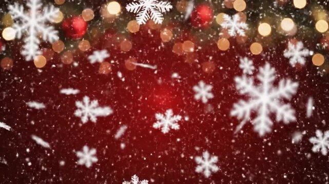 Falling white snowflakes against a vibrant red backdrop with sparkling blurred festive lights