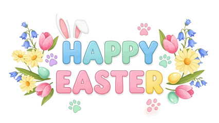 Colorful Easter Greeting with Flowers and Bunny.