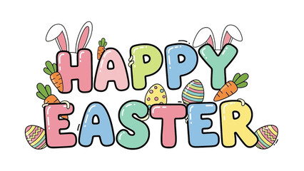Colorful Happy Easter Text with Decorations.