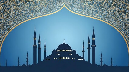 Illuminated mosque silhouette under a decorative arch