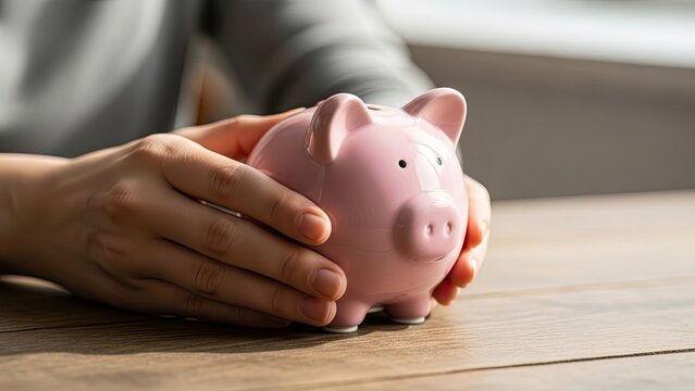 Persons hands gently holding a pink piggy bank on a wooden table, symbolizing savings and financial security.