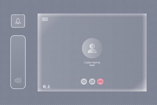 Minimalist communication platform interface with frosted glass Side menu navigation on glassmorphic video call interface with minimalist icons featuring notification bell and volume slider plus main c