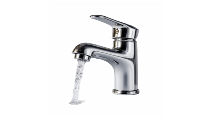 Modern chrome faucet with running water on a black background