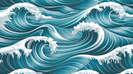 Seamless ocean wave pattern with flowing water lines, rhythmic movement, calming blue tones, clean illustration, ultra-sharp detail, seamless repeat