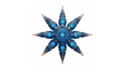 Intricate futuristic star-shaped mechanical device with glowing blue lights