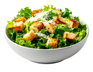 Bowl of mixed green salad with croutons and parmesan.