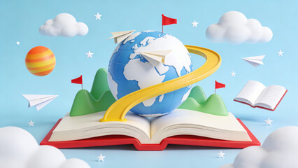 3D Rendered Illustration of Global Learning Concept, Featuring an Open Red Book, Yellow Staircase to Earth Globe, Paper Planes and Floating Books on Cloudy Sky Background