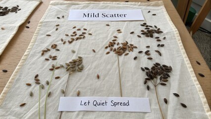 Natural Seed Display on Cloth with Labels Demonstrating Mild Scatter Technique for Gardening and Planting Education