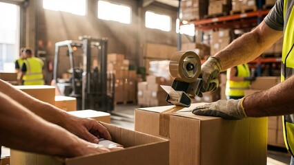 Warehouse Worker Sealing Cardboard Box with Tape Dispenser for Shipping and Logistics