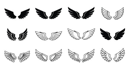 Collection of various black and white wing icons in different styles and line art on a plain white background.