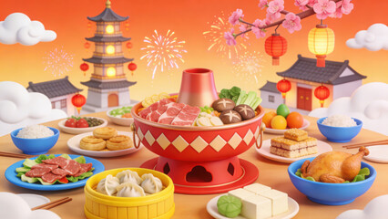3D Rendered Festive Chinese Hot Pot Feast Scene with Traditional Architecture, Fireworks and Lanterns, Ideal for Holiday Celebration and Food Promotion