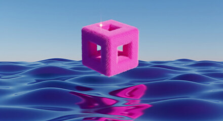 A vibrant pink cube floats serenely on rippling blue water
