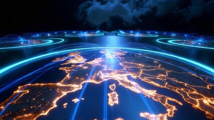 A Stunning Visual Representation of a Connected Europe with Futuristic Networks and Glowing Data Streams, Showcasing Technological Advances in Communication and Information Exchange Across the - Powered by Adobe