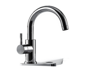 Chrome kitchen faucet with curved spout and lever.