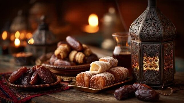 Festive Ramadan Iftar with Traditional Dates Sweets and Ornate Lantern
