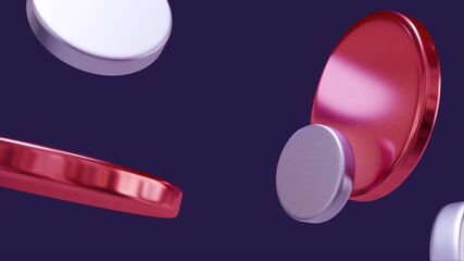 3D metallic discs in red, silver, and blue float and rotate slowly against a dark purple background in a smooth, looped animation. 3D motion graphic background animation. - Powered by Adobe