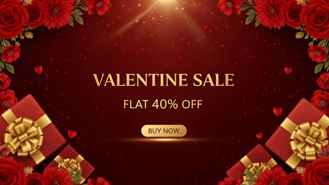 Valentine Sale Advertisement with Red Roses and Gifts