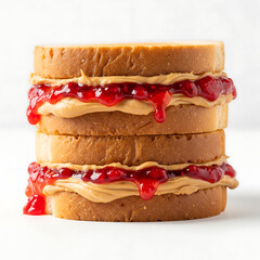 A stack of peanut butter and jelly sandwiches on white background